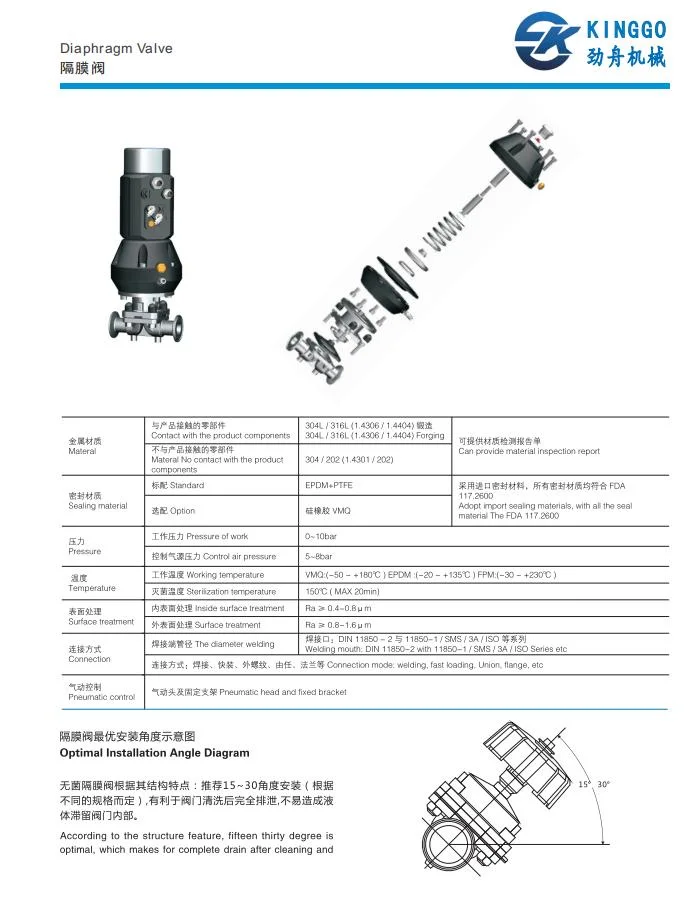 3A Stainless Steel Sanitary Tri Clamp Diaphragm Valve with Pneumatic Actuator